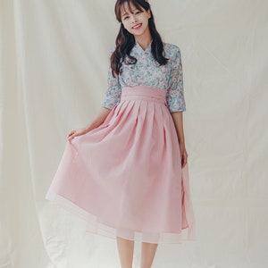 Blue Flower pattern Modern Hanbok Korean Handmade jeogori Casual party Clothing for women women hanbok Pink Wrap Skirt J.20 image 2