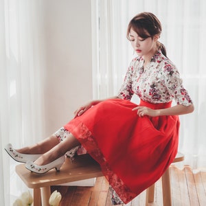 Red&Beige Floral pattern Dress | Modern Hanbok Dress | Korean Handmade dress | Unique Asian fashion | Korean hanbok | Red Wrap Skirt | SO.4