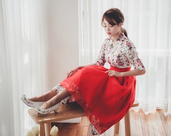 Red&beige Floral Pattern Dress Modern Hanbok Dress Korean