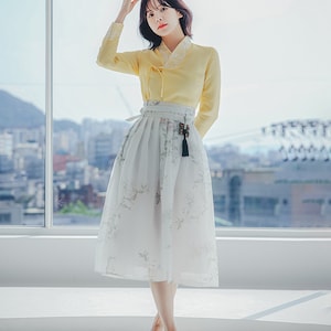 Yellow and Floral Modern Hanbok Jeogori | Handmade Korean Hanbok  | Modern hanbok Dress  | women hanbok | White wrap Skirt | J.33
