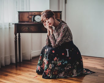 Black Modern Hanbok Skirt | Korean Handmade skirt | Women hanbok skirt | Classy Floral | Dress skirt for women | One Free size | WS.4