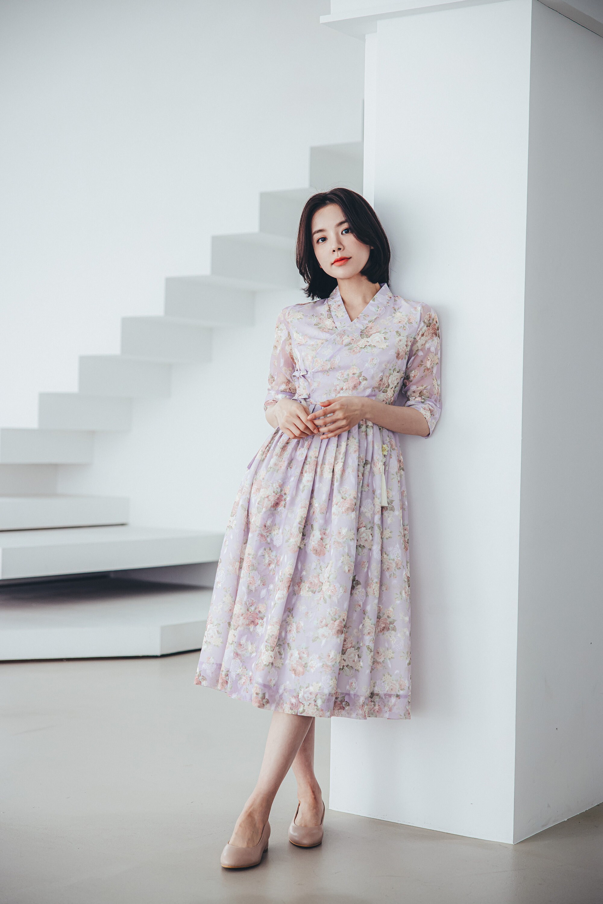 korean fashion floral dress Huiyige summer women's cotton short-sleeved dress floral dress Korean style loose sweet dress mid-length dress