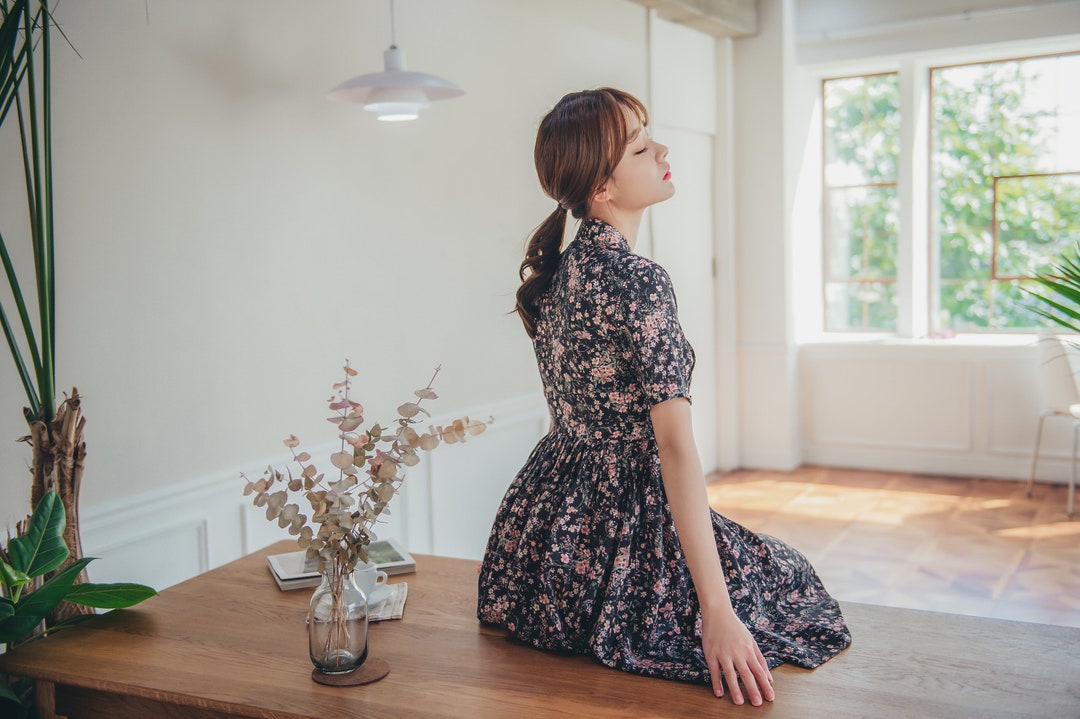 Black & Pink Floral Dress | Modern Hanbok Dress | Korean Handmade Dress ...