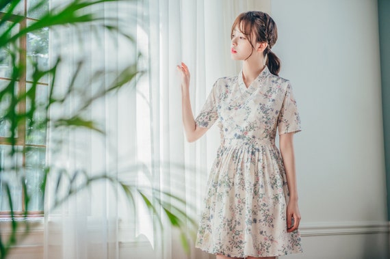 Ivory Floral Modern Dress | Korean Hanbok Dress | Short, Mini Dress | Wedding, Picnic Dress | Modern Hanbok Clothing for Women | MO.6
