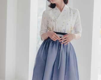 White&Blue Butterfly dress | Modern Hanbok dress | Korean Handmade Elegant dress | Occasion clothing for women | Daily dress | J.46