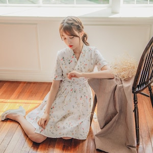 White Floral Dress | Modern Hanbok Dress | Short, Mini Dress | Occasion clothing for women | Korean Handmade dress | Daily, Lovely | MO.1