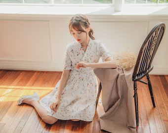 White Floral Dress | Modern Hanbok Dress | Short, Mini Dress | Occasion clothing for women | Korean Handmade dress | Daily, Lovely | MO.1