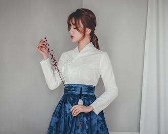 White Modern Hanbok Jeogori | Korean women Hanbok | White & Blue Classy dress | Elegant clothing for women | Blue Wrap Skirt | J.2_1