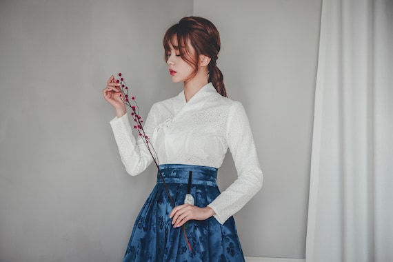 White Modern Hanbok Jeogori | Korean women Hanbok | White & Blue Classy dress | Elegant clothing for women | Blue Wrap Skirt | J.2_1