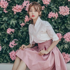 White Flower pattern Modern Hanbok | Korea Handmade Hanbok | adorable women blouse | Daily, Casual women top | Pink Mini-Skirt | J.7