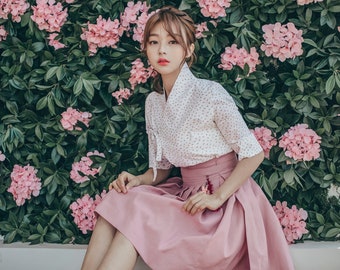 White Flower pattern Modern Hanbok | Korea Handmade Hanbok | adorable women blouse | Daily, Casual women top | Pink Mini-Skirt | J.7
