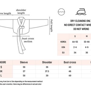 May include: A size chart for a traditional Korean top called a Jeogori. The chart shows measurements in inches for the sleeve, shoulder, bust cross, and full length of the garment. The chart also includes size conversions for Korea, USA, and EU sizing.