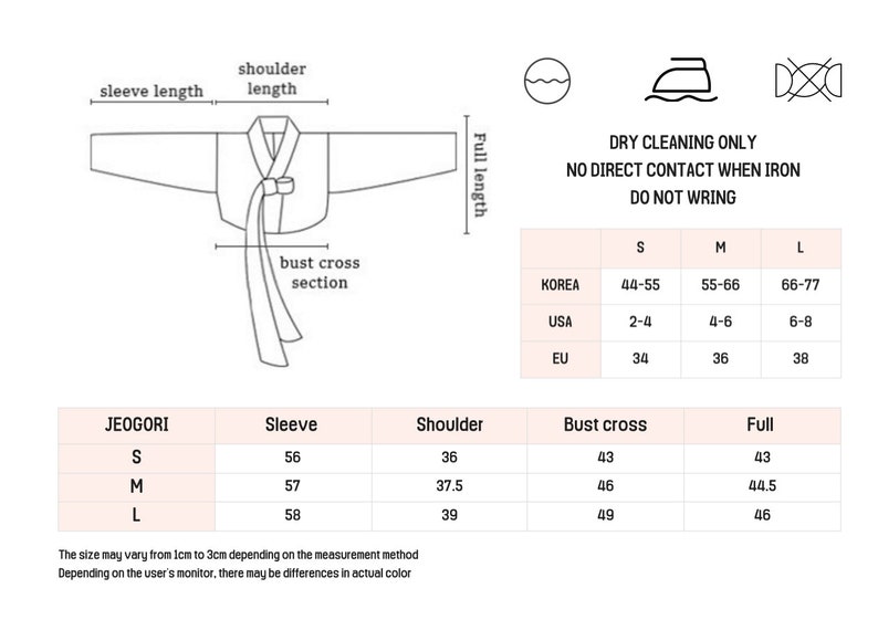 May include: A size chart for a traditional Korean top called a Jeogori. The chart shows measurements in inches for the sleeve, shoulder, bust cross, and full length of the garment. The chart also includes size conversions for Korea, USA, and EU sizing.