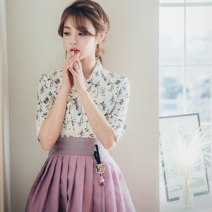White & Ivory Modern Blouse | Korea Handmade Hanbok | Flower pattern top blouse for women | women hanbok | Purple Wrap Skirt | B.3