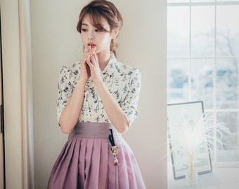White & Ivory Modern Blouse | Korea Handmade Hanbok | Flower pattern top blouse for women | women hanbok | Purple Wrap Skirt | B.3