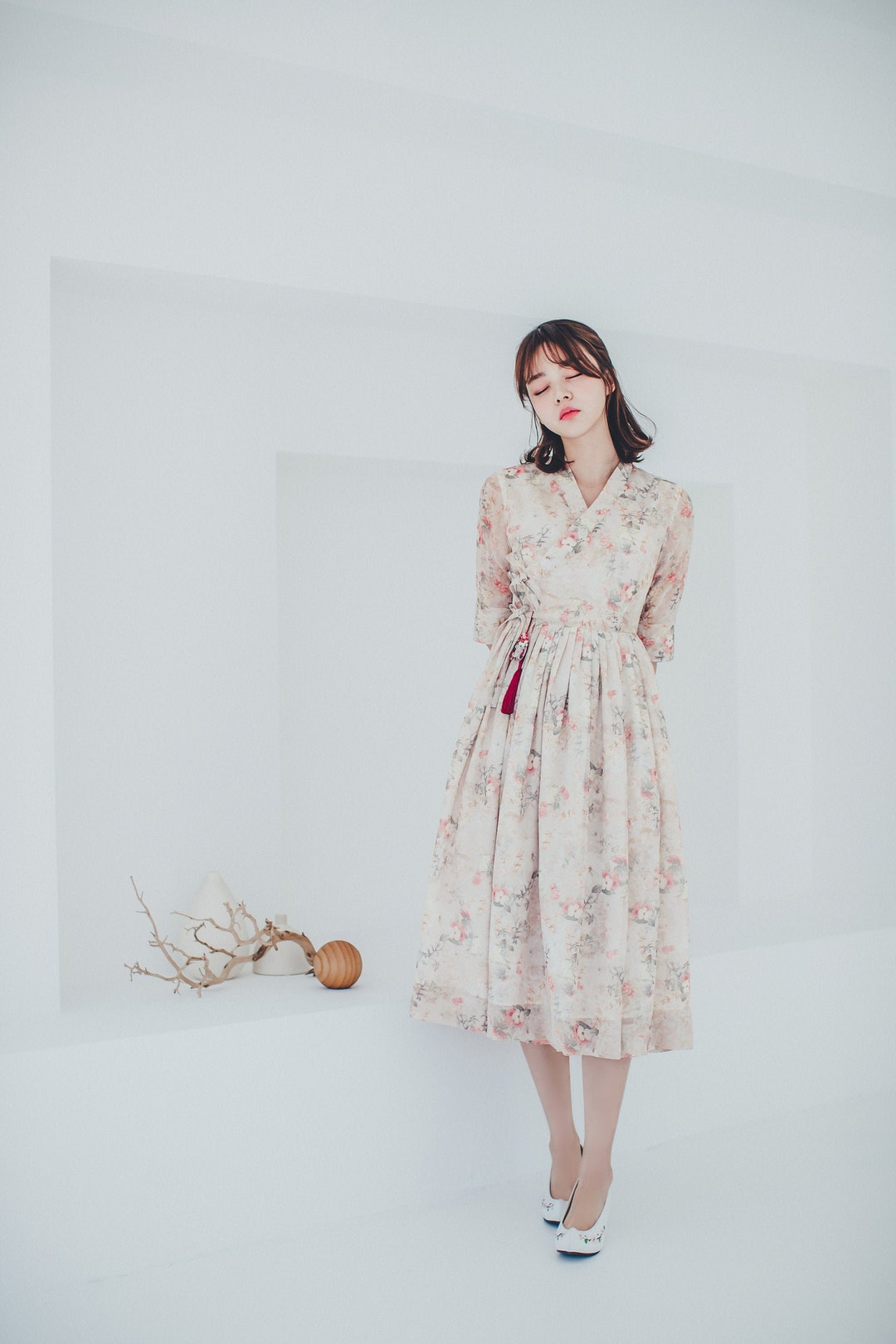 Beige Floral Woman dress | Modern Hanbok dress | Korean Modern Hanbok | Daily Casual dress for Party, Occasion | Green wrap skirt | SO.1 Beige Floral Woman dress | Modern Hanbok dress | Korean Modern Hanbok | Daily Casual dress for Party, Occasion | Green wrap skirt | SO.1