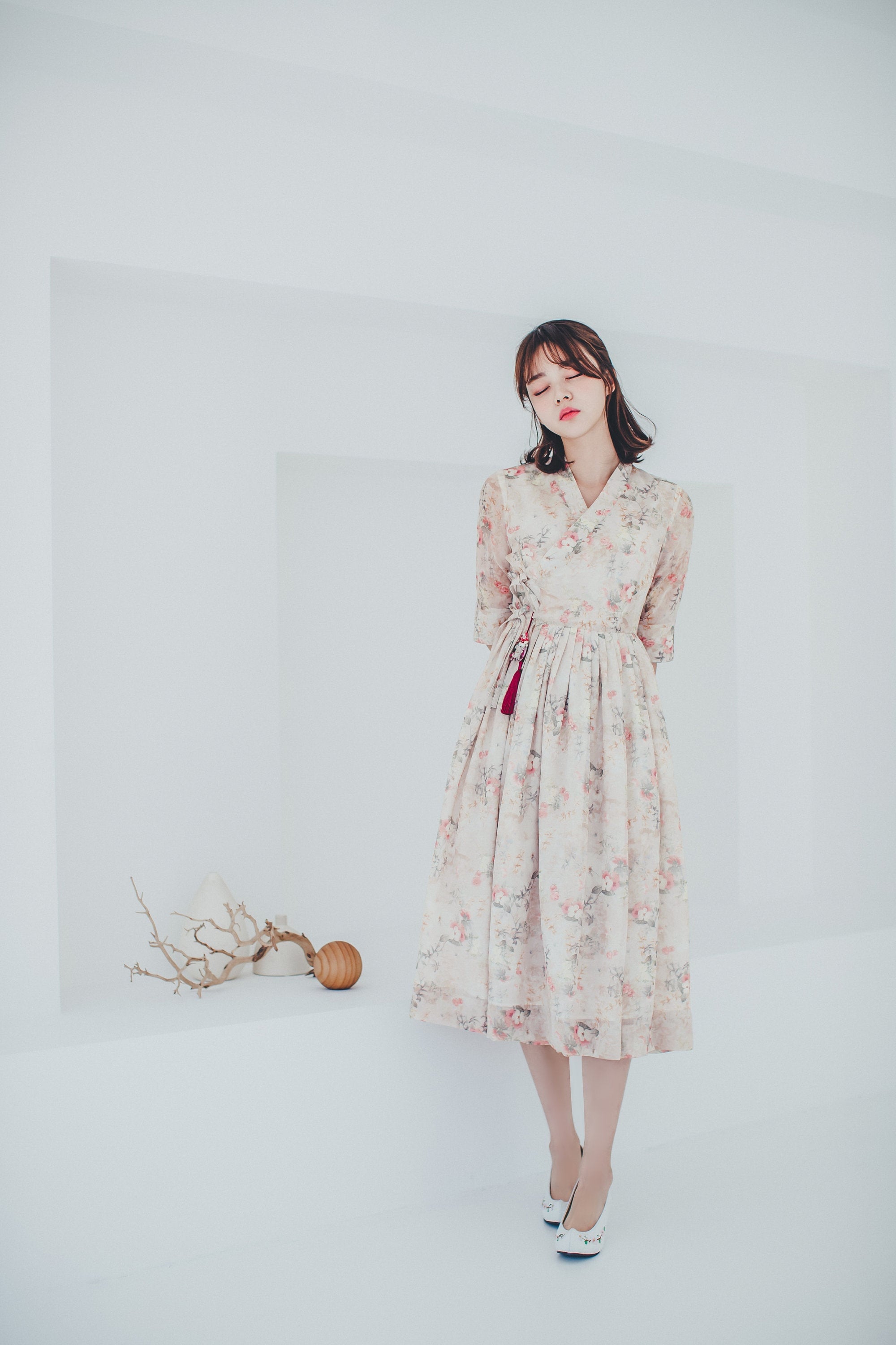 floral dress korean style Beige Woman | Modern Hanbok dress | Modern Hanbok | Daily Casual dress for Party, Occasion | Green wrap skirt Vie Sauvage LV