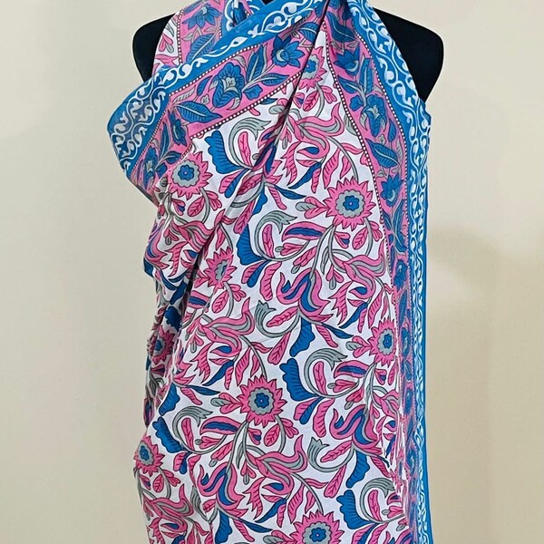 Hand Block Printed Cotton Sarong, Beach Wrap Pareo, Long Scarf, Large Sarong, Cover up, Soft Fabric Scarf, Fashion Shawl Beach Sarong