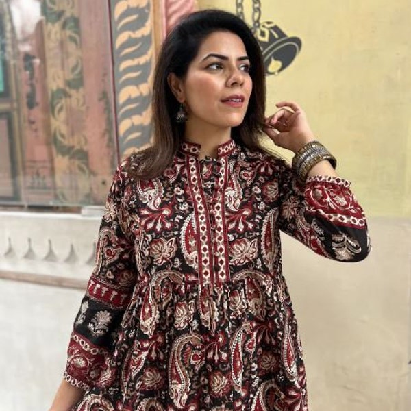 Red Black Kalamkari dress|Hand Block Printed Dress| Summer Dress|Jaipuri Print Cotton floral Kurti| Handmade in India|Knee length,3/4th slee