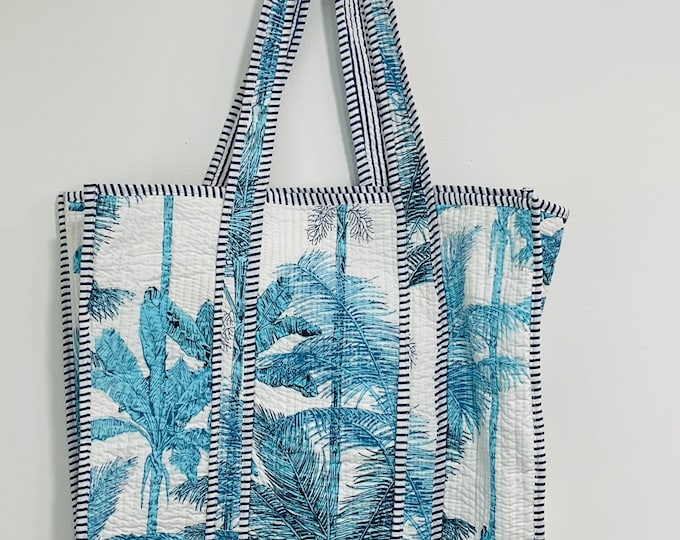Quilted Cotton Handprinted Reversible Large Blue Floral Tote Bag Eco friendly Sustainable Sturdy Grocery Shopping Mother 's Day For Gift