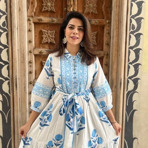 New Indian Handmade Bohemian Floral Hand Block Printed Long Lightweight Summer Cotton White And Blue Midi Dress Gift For Girlfriend.