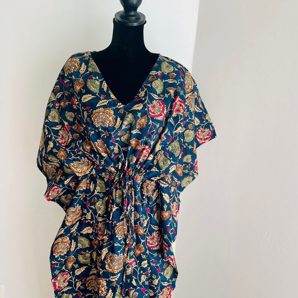 Floral Block Print Kaftan, Women Sleepwear Maxi Robe Caftan, Cotton Handmade Kaftan Dress Long Caftan, Bridesmaid Gifts