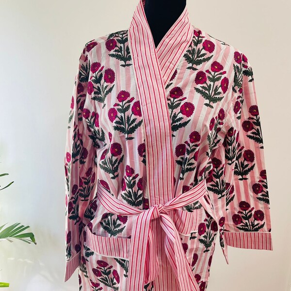 Mother's day Gift Pink Block print Robes Cotton Kimono Robe Dressing Gown Women's Cotton Robe Bridesmaid robe best gifts for her mom