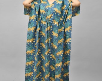 Handmade Kaftan Dress Long Top Caftan, Dress Beach Cover up, Tiger Hand Block Print Sleepwear Maxi Dress, Mother's Day Gift.