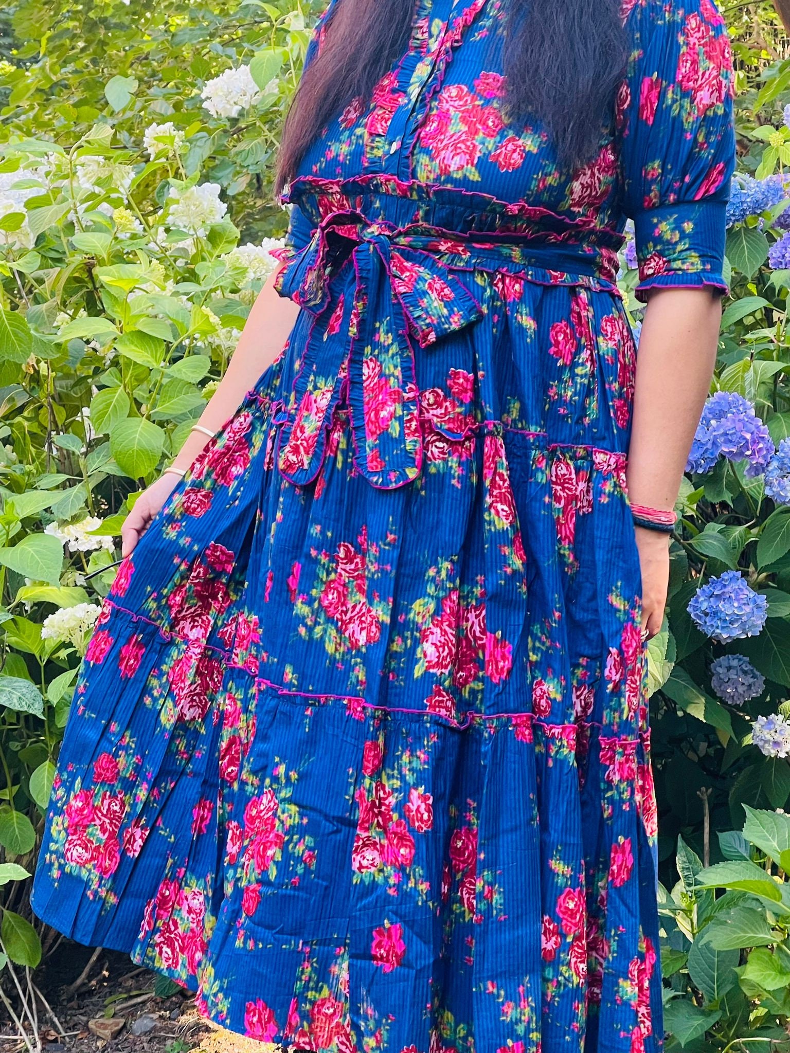 Cream Pink Floral Hand Block Printed Cotton Midi Dress – Boho Indian Summer Dress
