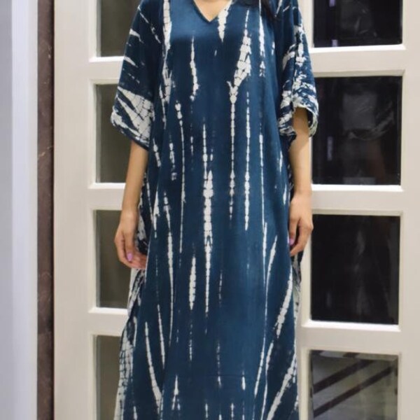 Blue Tie Dye Kaftan, Tie Dye Dress, Resort Wear, Cruise, Lounge Wear, Slow Fashion, One Size Plus Dress, Home wear, Valentine's Day Gift.