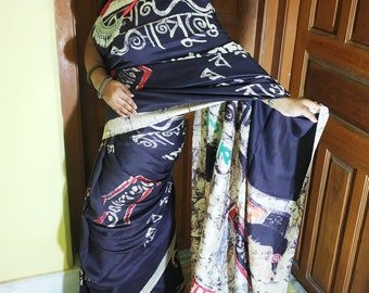 Hand Batik Bishnupuri Pure Silk Saree And Running Contrast Blouse Piece,With Silkmark Certified,