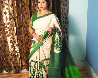 Desi Gachi Tussar Saree with Full Body Hand Block Print and running contrast Blouse Piece Saree,With Silkmark Certified