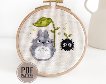 Embroidery design, cross stitch, Totoro under the enchanted leaf, forestcore, nature