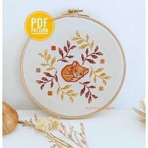 Motif de broderie, point de croix, renard, automne, feuilles, pixel art, forestcore, nature, fleurs