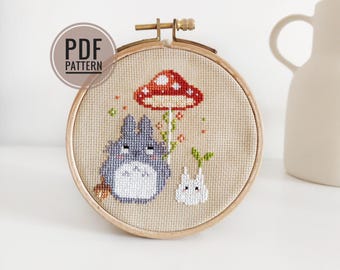 Embroidery design, cross stitch, Totoro and the umbrella of the fairy woods, forestcore, nature