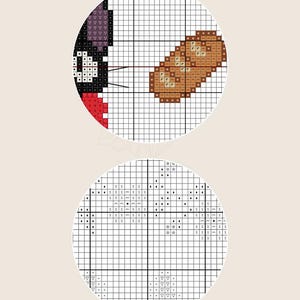 May include: Cross stitch pattern for a black cat with a red nose and a brown mouse. The pattern is on a white grid with black lines.