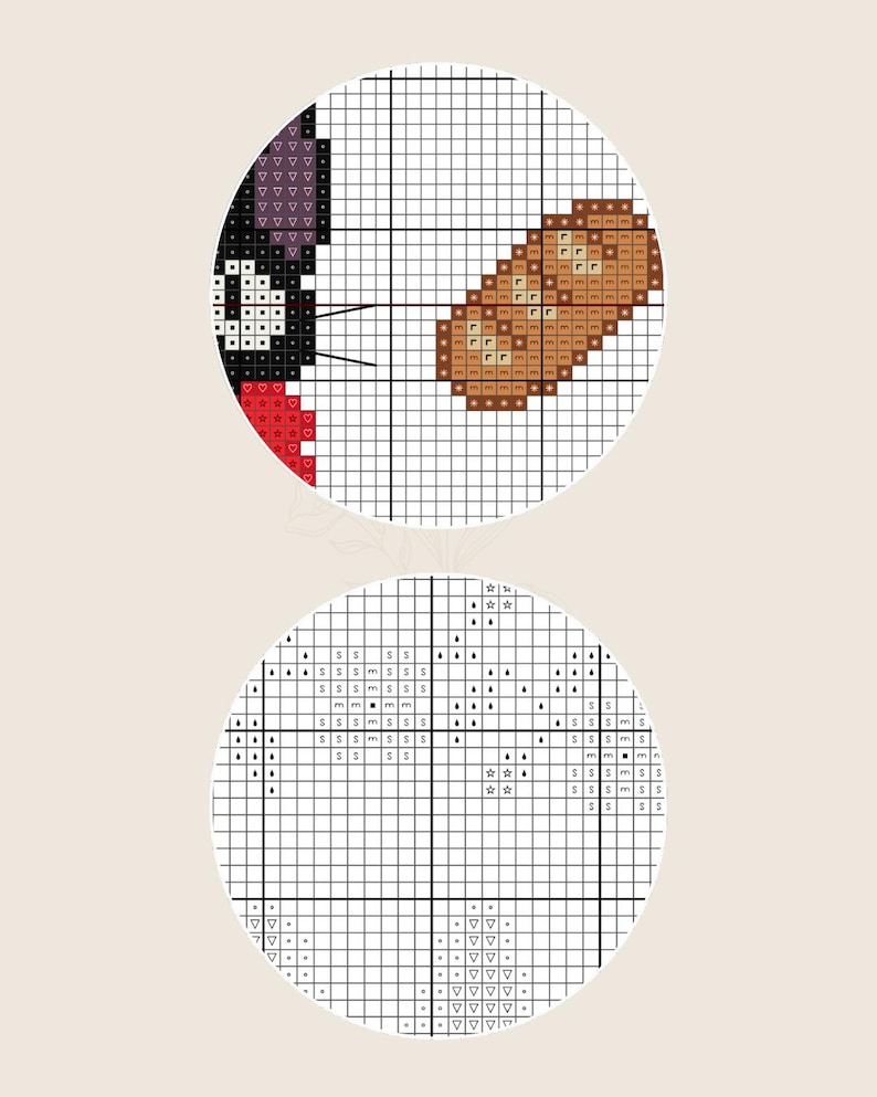 May include: Cross stitch pattern for a black cat with a red nose and a brown mouse. The pattern is on a white grid with black lines.