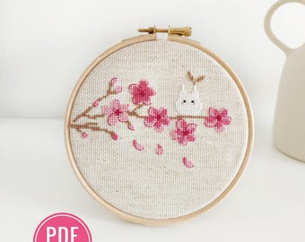 Embroidery design, cross stitch, Totoro and the whispers of the cherry tree, forestcore, nature, flowers, spring