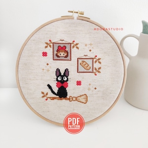 Patrón de bordado, punto de cruz, Servicio de entregas de Kiki, Retratos de Jiji, Studio Ghibli, gato
