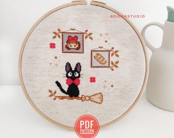 Embroidery pattern, cross stitch, Kiki's Delivery Service, Jiji's Portraits, Studio Ghibli, cat