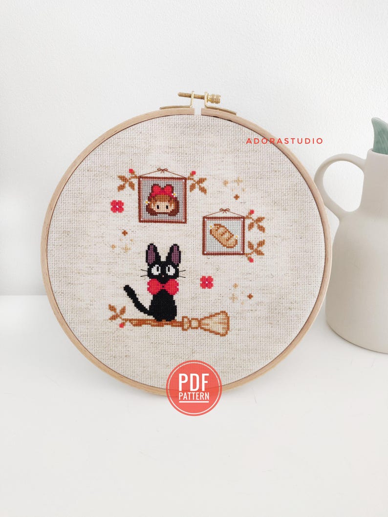 Embroidery pattern, cross stitch, Kiki's Delivery Service, Jiji's Portraits, Studio Ghibli, cat image 1