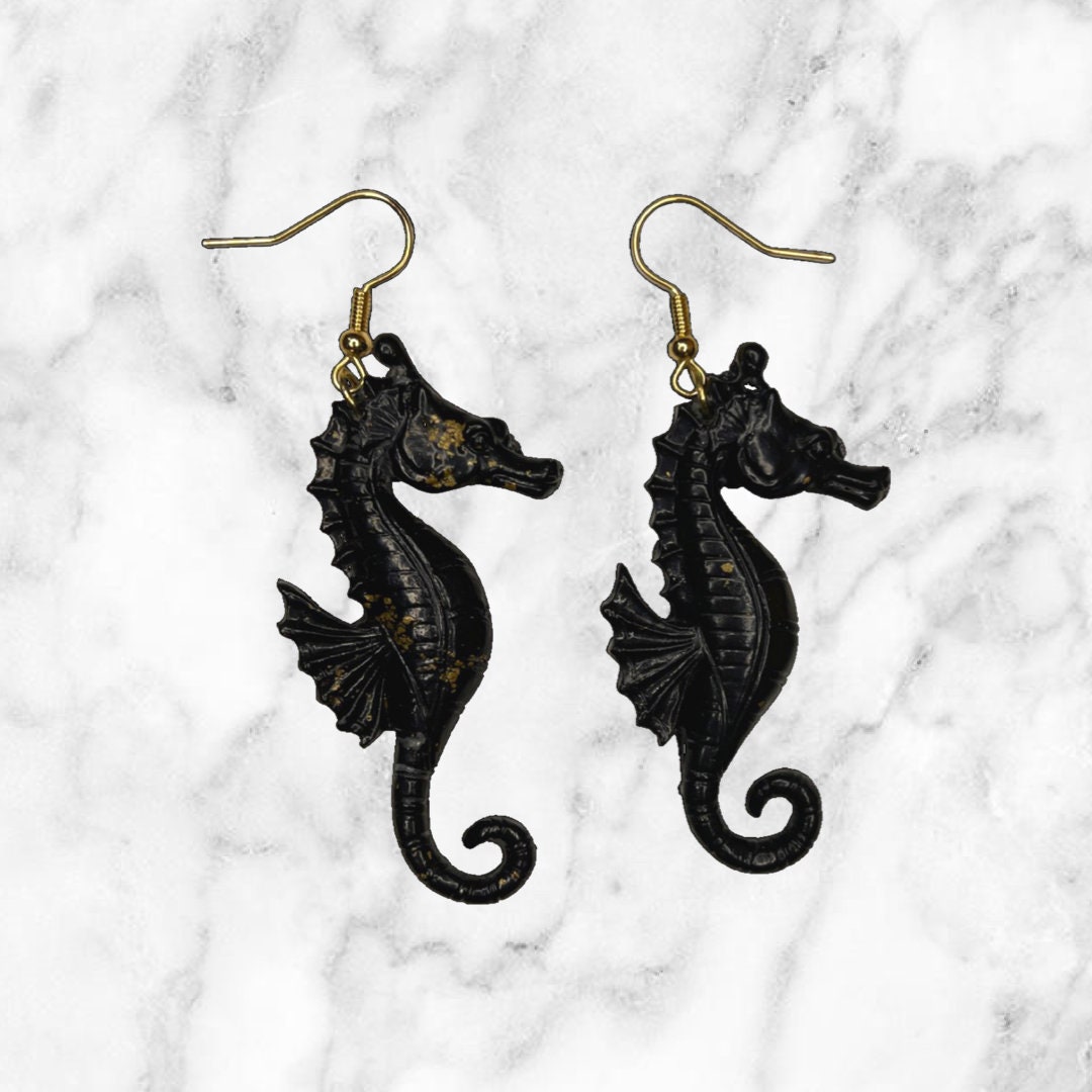 Gold foil black seahorse polymer clay earrings | Etsy