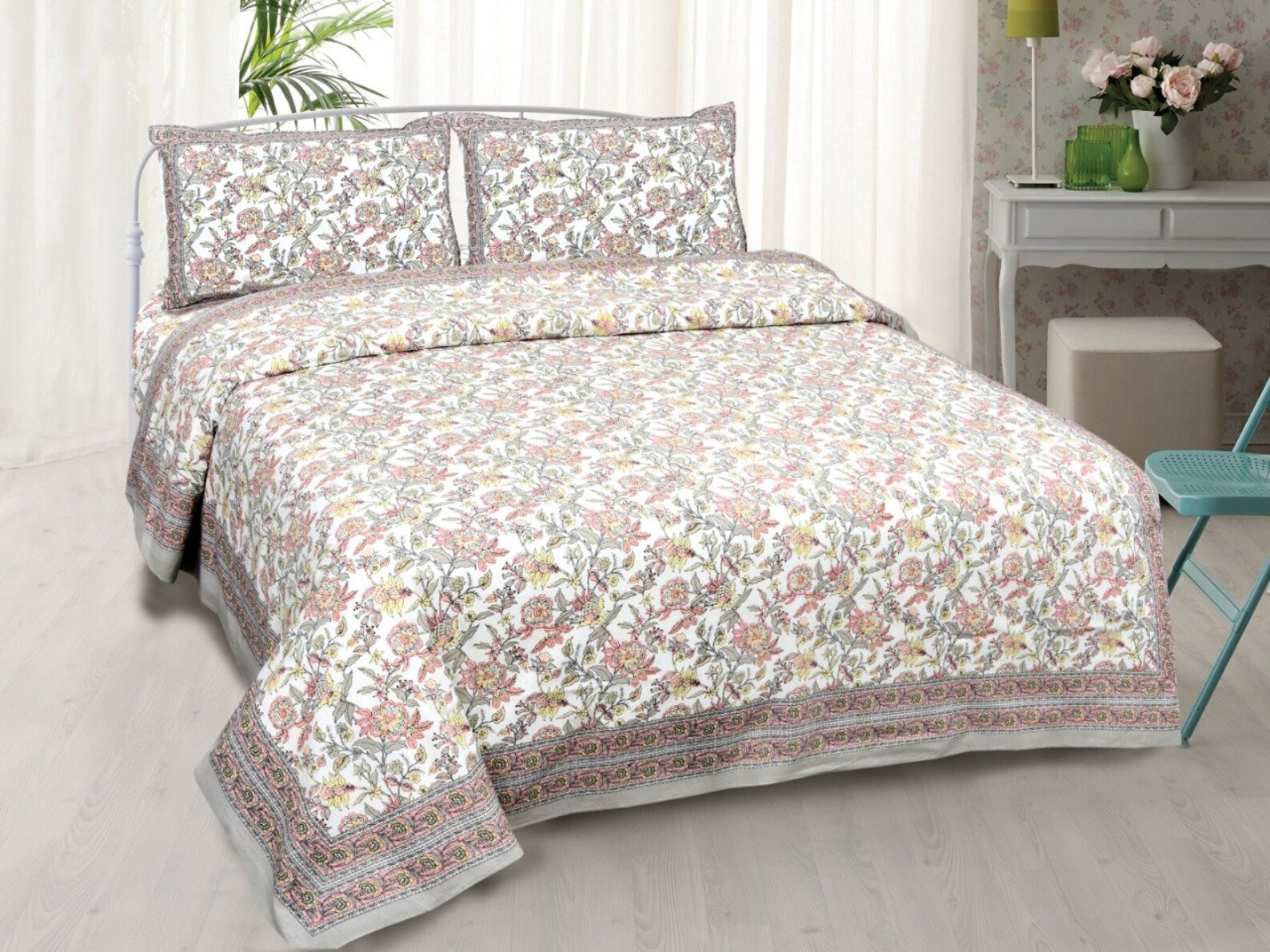 Sanganeri print bedsheet with pillow cover Etsy