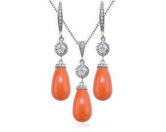 Swarovski Coral Wedding Jewelry Set, Coral Bridal Jewelry Set, Necklace and Earrings Set, Bridesmaid Jewelry, Prom Jewelry, Orange Jewelry