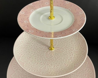 Lovely Pink Large 3-tiered Cake Stand, Pink plates with raised pattern