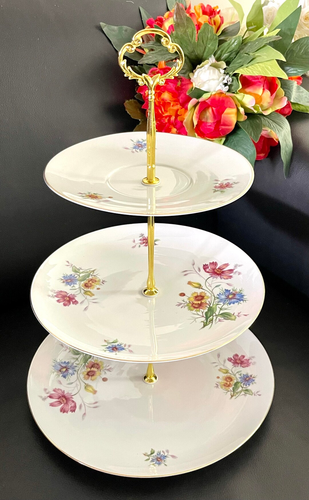 Vintage German Fine China Floral Cake Stand Large 3tiered Etsy