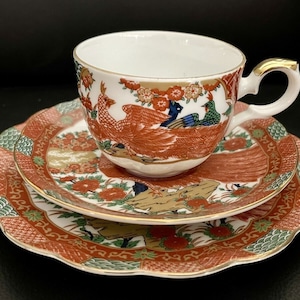 Arita Hand Painted Imari Peacock Tea Cup Saucer Plate, Fine China Japan, New