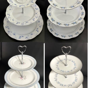 Assortment of dainty blue floral large 3-tiered cake stands with vintage plates made in Japan or China.