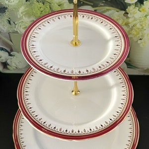 Vintage Aynsley Durham Maroon Large 3-tiered Cake Stand, Bone China , England