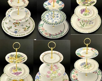 Assortment of pretty mixed matched floral large 3-tiered cake stands made with recycled vintage plates